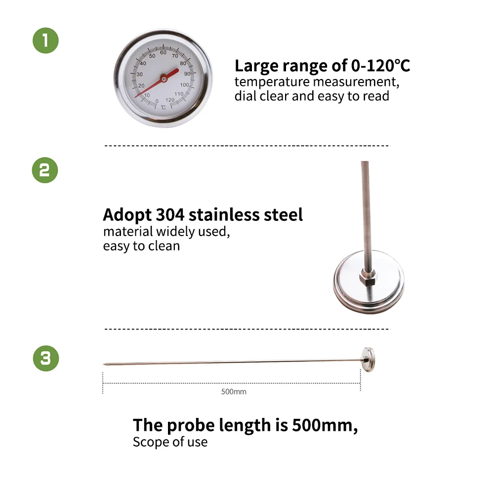 1Pc 50cm Stainless Steel Soil Thermometer Stem Read Dial Display 0-100 Degrees Celsius Range For Ground Compost Garden Supplies