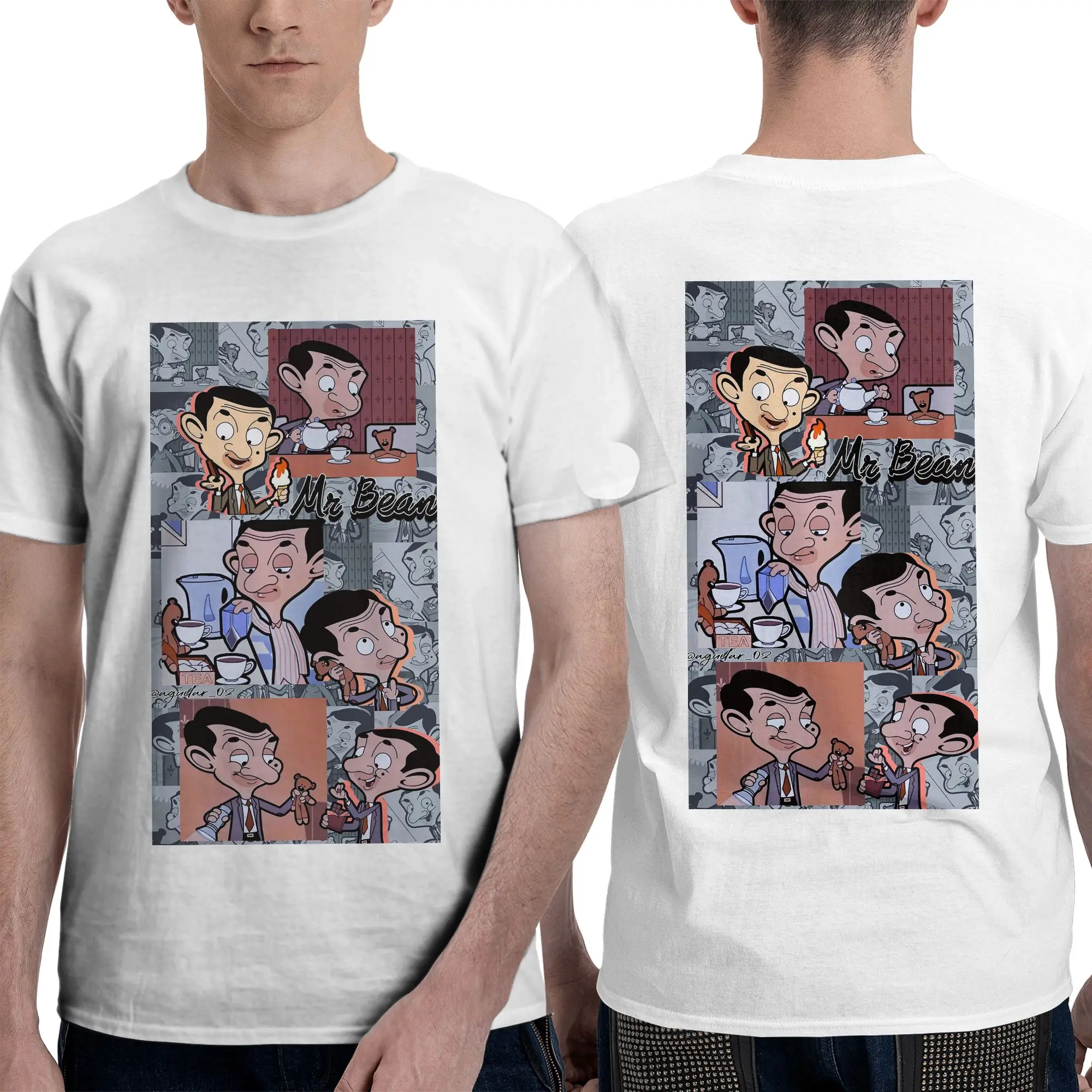 Mr. Bean Cartoon Men T-Shirt Double Sided Oversized T Shirts Men's Crew Neck Cotton Tees Short Summer Male