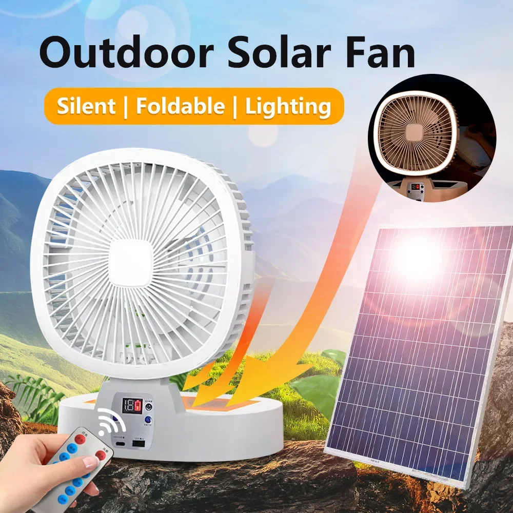 Ventilador eléctrico para acampar al aire libre, dispositivo recargable con energía Solar, inalámbrico, portátil, de escritorio, 3 velocidades, con