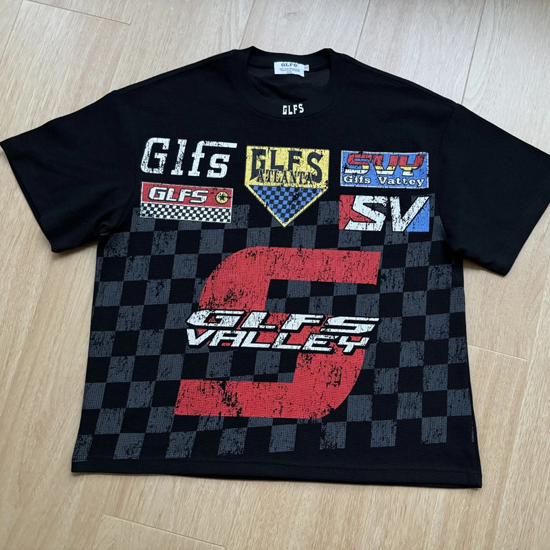 Plaid Racing Flag Print Waffle T Shirt Black Apricot Tee Men Women Summer Loose Quick Dry Short Sleeve Casual Breathe T-shirt