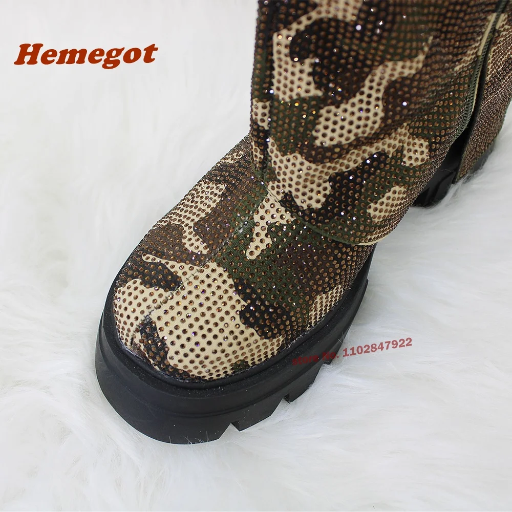 Padlock Zipper Winter Women's Shoes Camouflage Rhinestone Tank Soled Short Boots Round Toe Platform Height Increasing Luxury