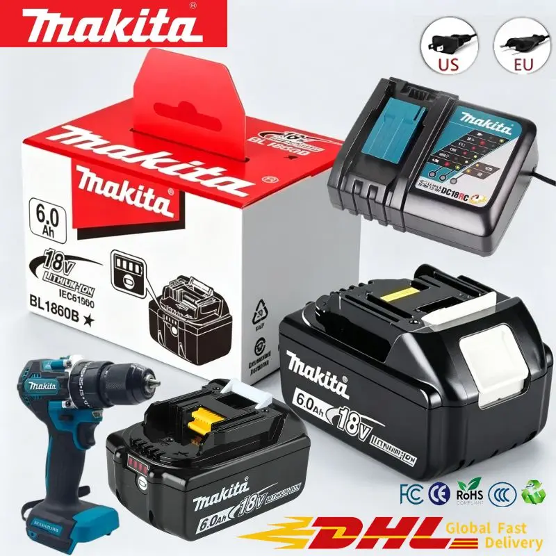 Original Makita 18V 6.0Ah Battery Pack Electric Tool Drill DDF487 Charger Suitable for 18V LXT High Capacity Long Range BL1860