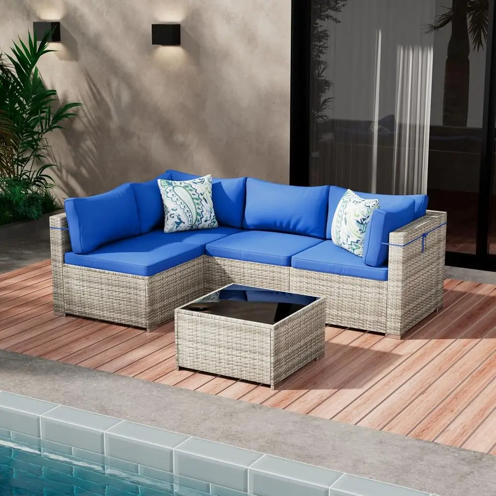 

All-Weather Grey 5-Piece Outdoor Wicker Sectional Sofa Set with Glass Table and Blue Cushions