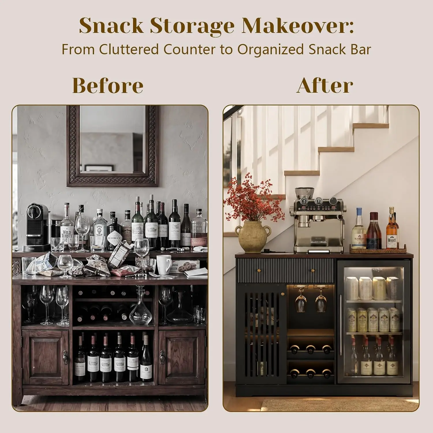Coffee Bar Cabinet with Fridge Space & Wine Rack, Mini Fridge Stand, Buffet Sideboard Table for Home, Black 47.3