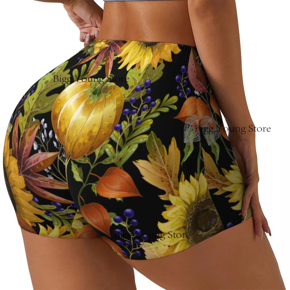 

Шорты, сексуальные узкие спортивные шорты на бедрах, осенние желтые листья, подсолнухи и тыквы, женские удобные шорты для фитнеса для йоги