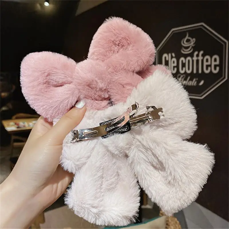 1/3Pcs Plush Big Bow Hairpins For Women Girls Solid Color Faux Fur Spring Clip Barrettes Soft Warm Bowknot Hair Clips Headwear