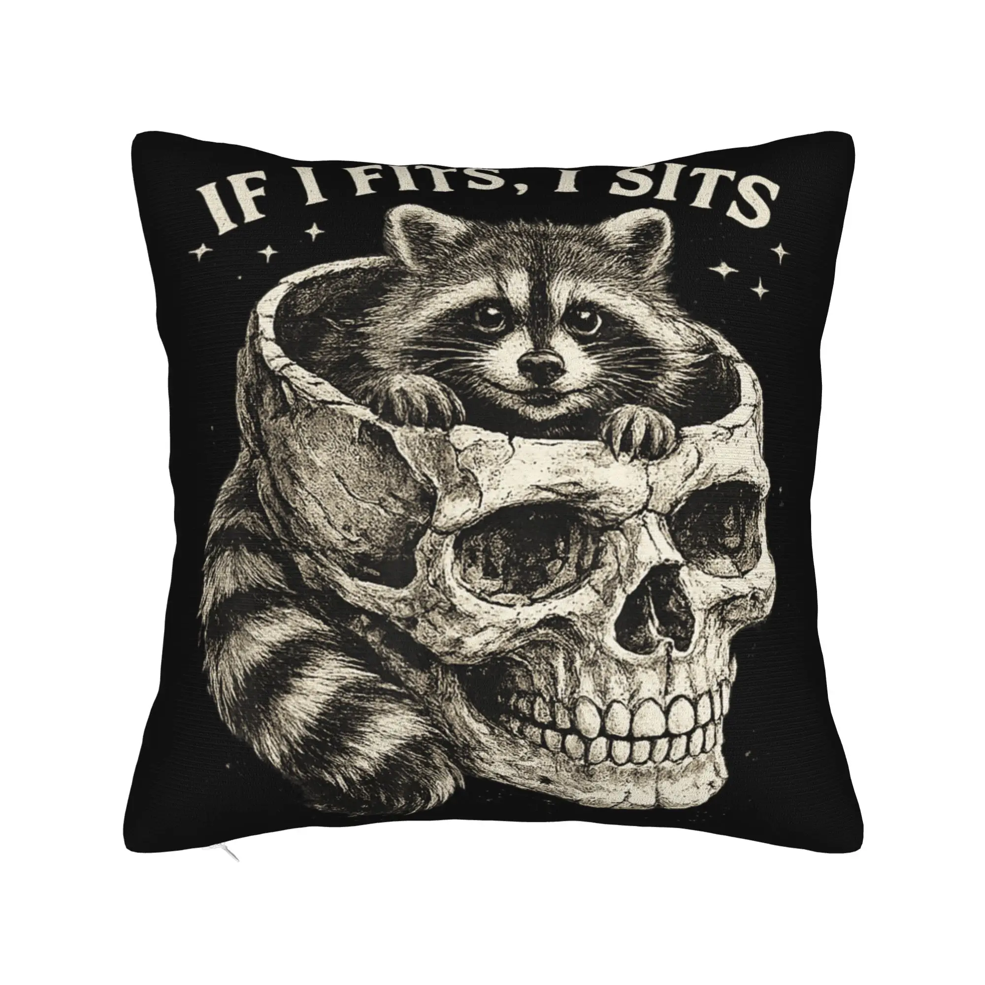 If I Fits I Sits Racoon Skull Gothic Dark Humor Style Pillow Case  Vintage Pillow Cover Soft Pillowcases For Car Home Decor