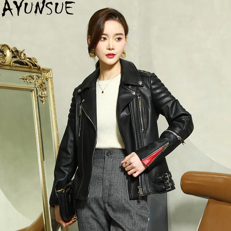 AYUNSUE 100% chaqueta De piel De oveja De piel auténtica para mujer, abrigo negro para motocicleta, ropa De primavera y otoño, chaqueta ajustada De cuero