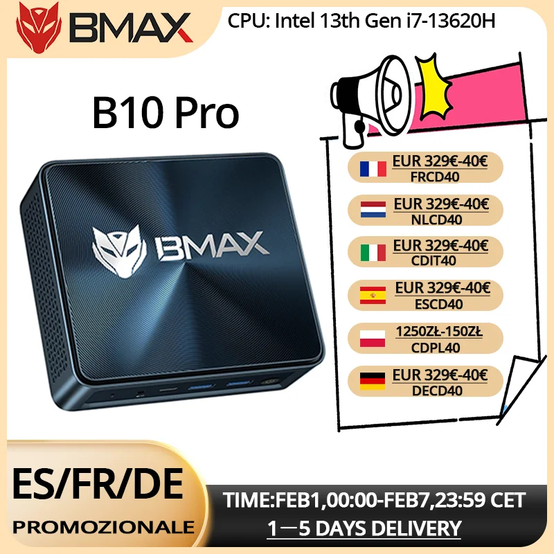 BMAX B10 Pro Mini PC, Intel 13th generation i7-13620H, 10 cores maximum 4.9GHz 24GB LPDDR5 RAM 1TB SSD, WiFi, Bluetooth 5.2