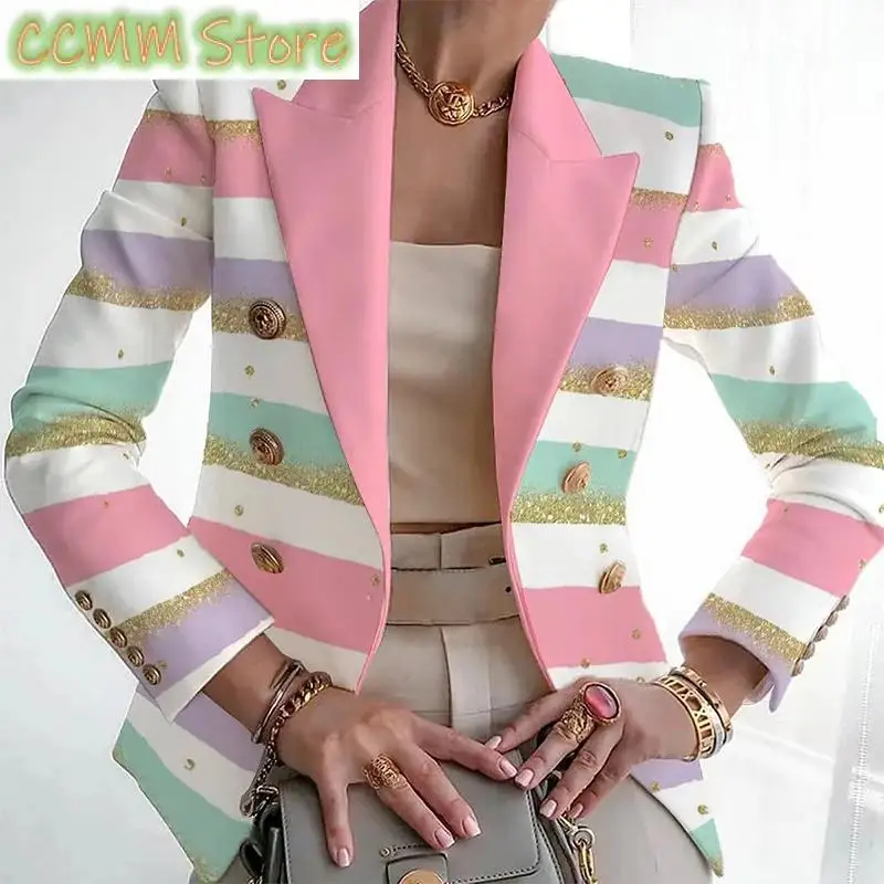 

Autumn Women Striped Printed Sequin Blazers Coat Winter Long Sleeve Office Top Outwear Fashion Turn-Down Collar Buttoned Jackets