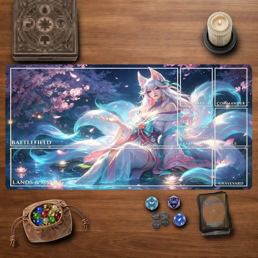 Mystical Nine‑Tailed Fox TCG Playmat 35X60CM Sakura Lotus Forest Battle Mat Non‑Slip Durable Stitched Edge Tabletop Playmat