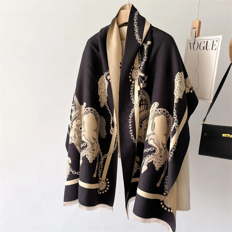 2024 Luxury Brand Horse Print Double-sided Women Winter Cashmere Scarf Thick Warm Shawl Wraps Pashmina Soft Lady Neckerchief