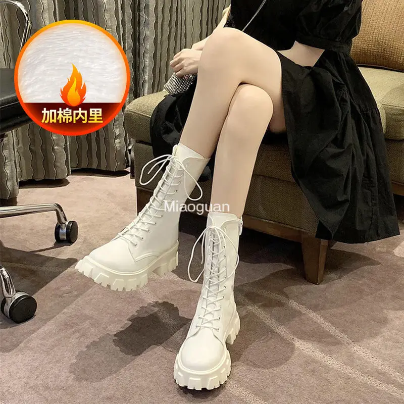 2023 Thicken Winter Knight Boots Women Square Heel Ankle Boots Retro Thick Motorcycle Boots Black White Botas Mujer Comfortable