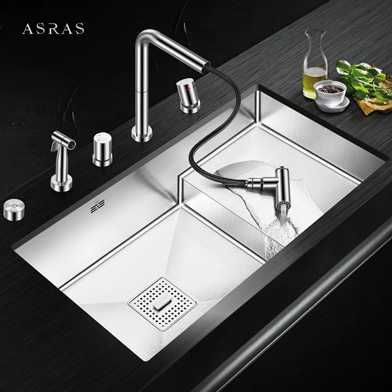 ASRAS Stepped Kitchen Sink 304 Stainless Steel 4mm Thickness 220mm Depth Large Size Handmade Brushed Undermount Kitchen Sinks