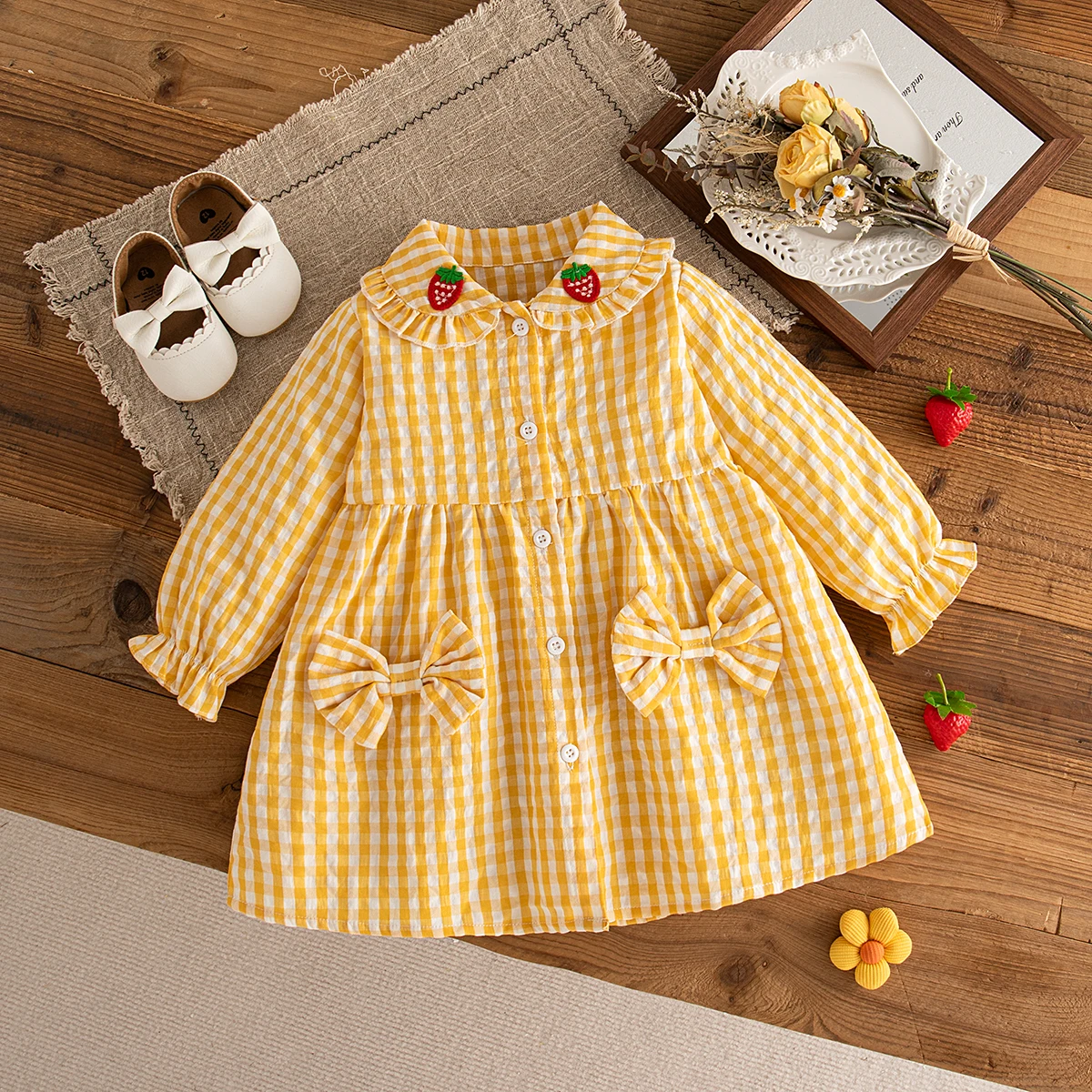 Baby Girl Dress Spring And Autumn Long Sleeve Bow Strawberry Check Baby Dresses Solid Color Cute Casual Baby Girl Clothing