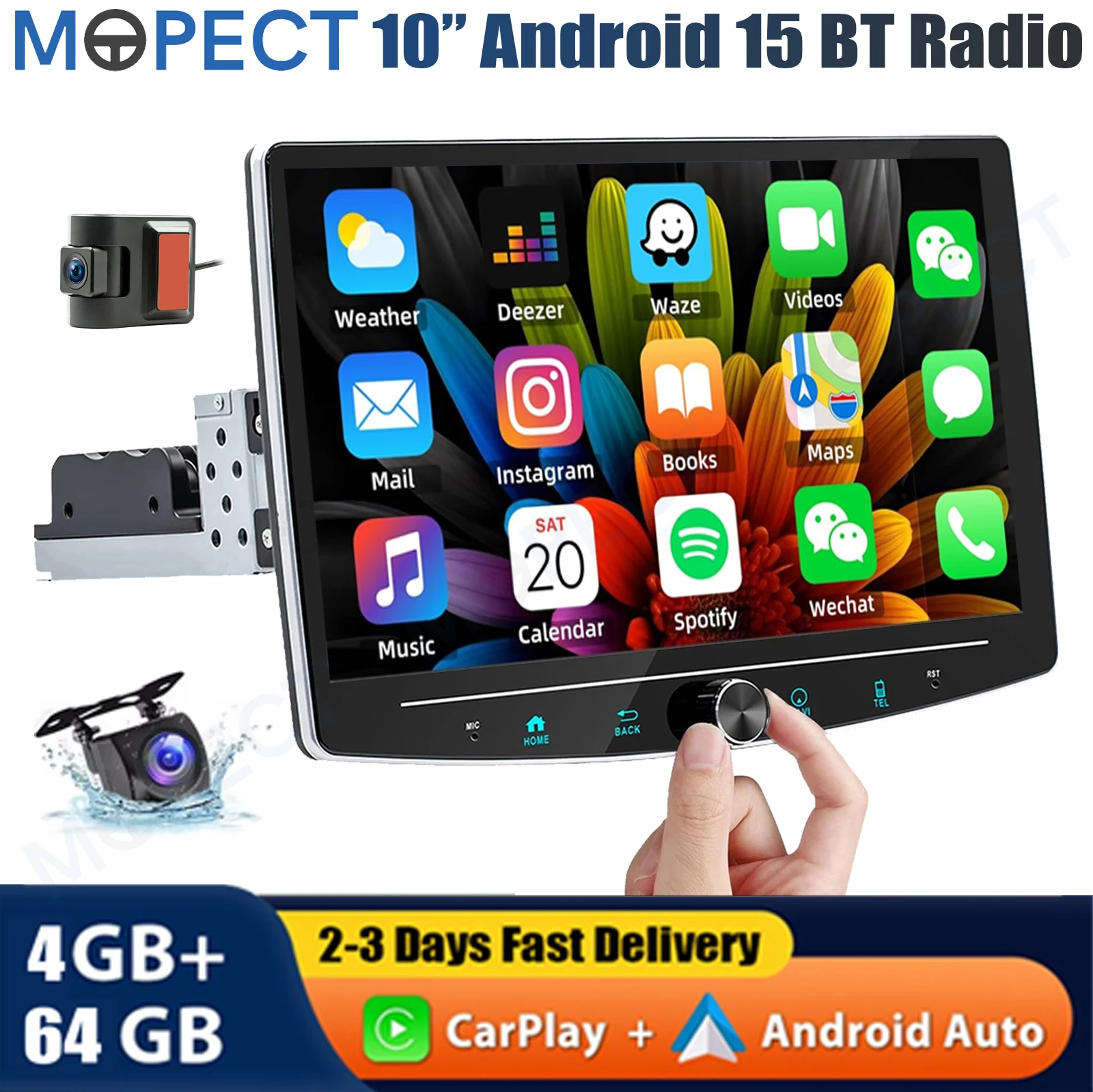 MOPECT 10.1" Single 1 Din Draaibare Carplay Android 15 Autostereo Radio MP5 Speler GPS Navigatie Draadloos Touchscreen FM BT+DAB&AHD