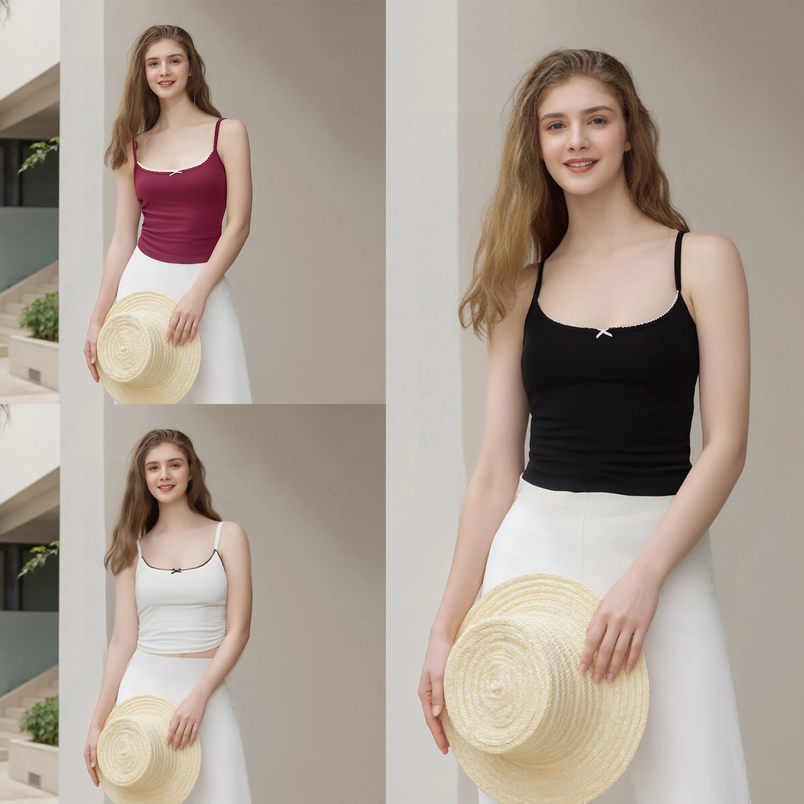 

Women's Camisoles Spaghetti Straps Stylish Mini Bow Design Slim Fit Sleeveless Crop Tank Tops for Summer