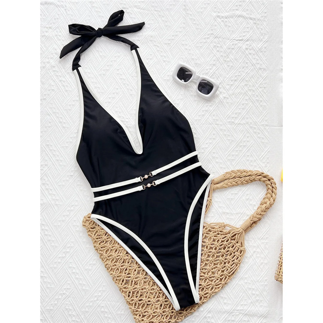 Sexy Badeanzug mit tiefem V-Ausschnitt und Halterneck, mit Gürtel, einteilig, Damen-Bademode, hoch geschnittene Beine, Monokini, Badeanzug, Badebekleidung, V7602 – Detail 3
