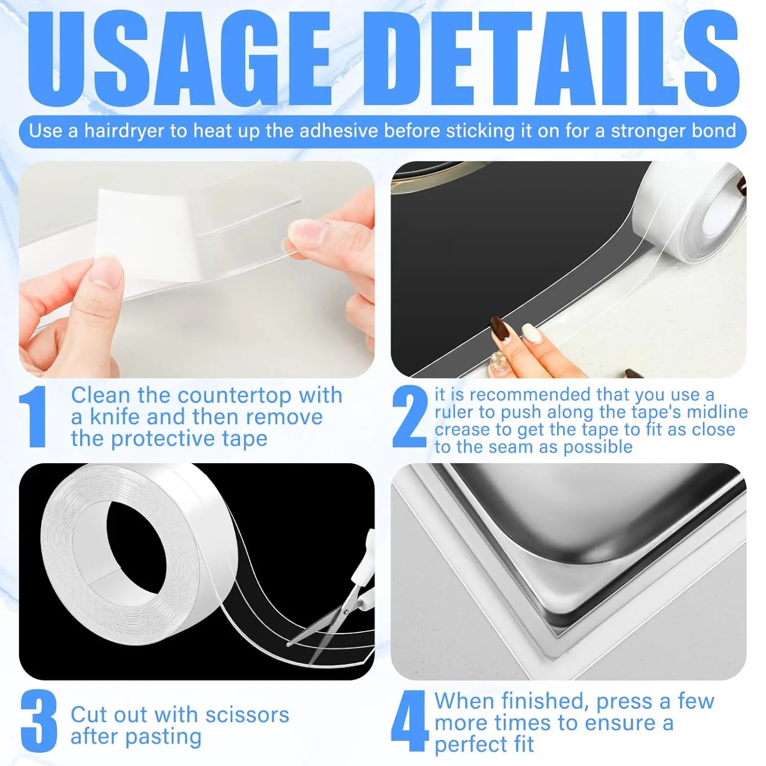 Cinta de calafateo transparente, tira de calafateo autoadhesiva impermeable, cinta selladora para bañera, Protector de borde de pared para suelo de cocina (PVC)