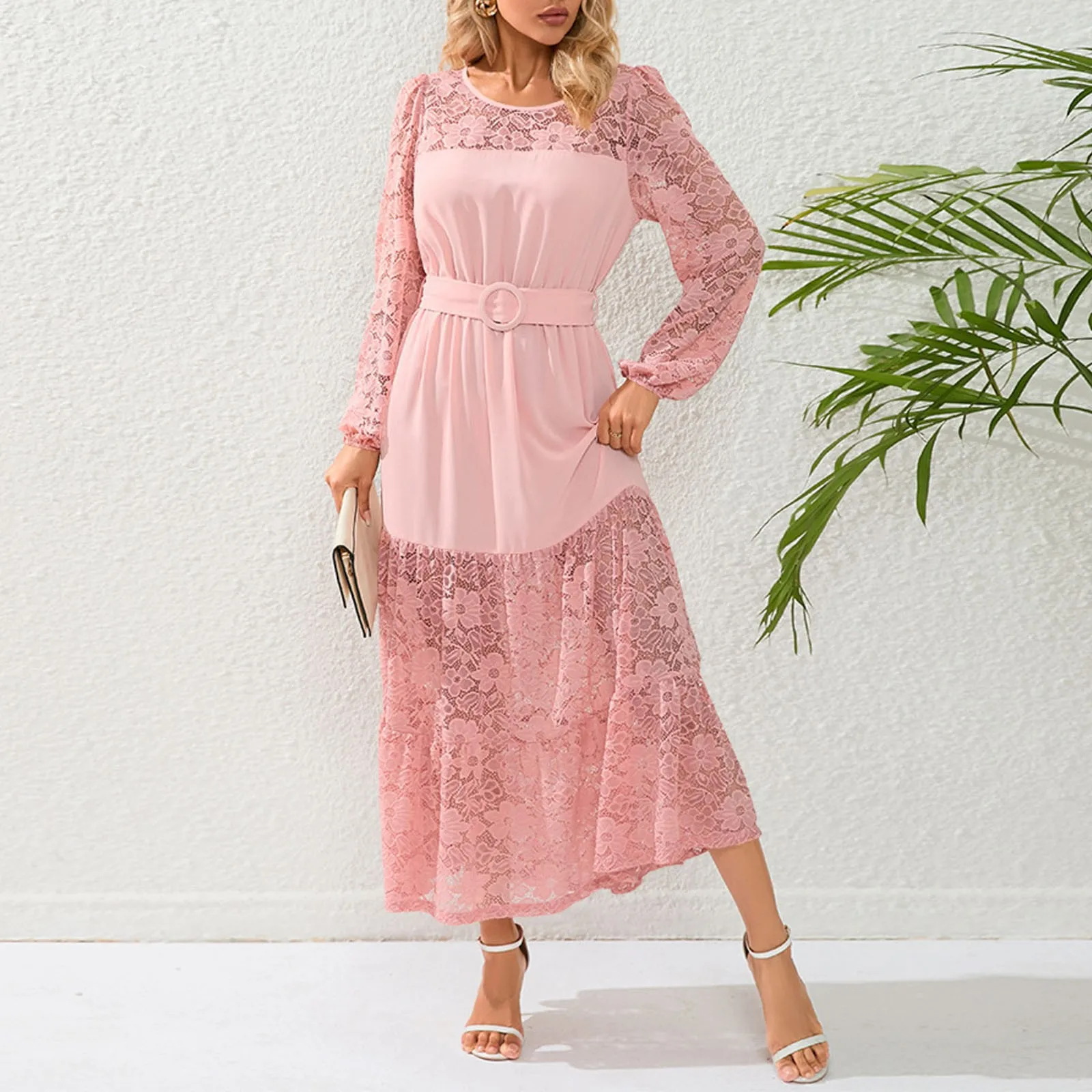 

Women Lace Splicing Half Sleeve Long Dress Round Neck Solid Long Dress Summer Lace-up Hollow Jacquard Big Hem Pleats Dresses