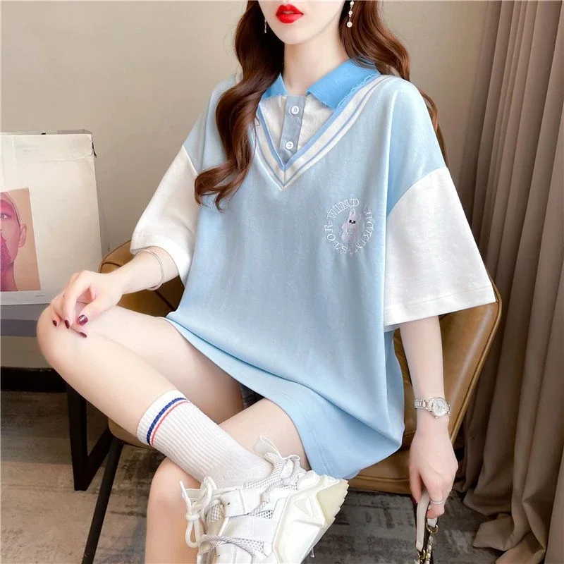 Y2k أزياء الصيف الزي قصيرة الأكمام فضفاضة الرقبة تي شيرت للنساء الكورية نمط الملابس الجديدة الجمالية امرأة زر التي شيرت #2