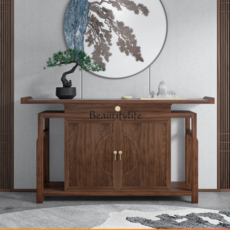 

New Chinese Style Hallway Low Cabinet Solid Wood a Long Narrow Table Altar Black Walnut Wooden Decorative Cabinet