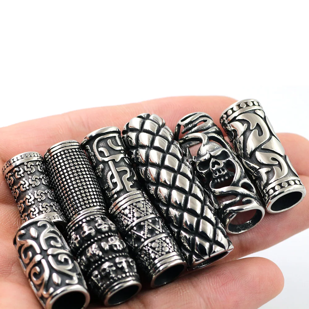 2pcs Stainless Steel Slider Skull Viking Punk 8-9mm Tube Bead Slide Charms Round Leather Rope DIY Men Jewelry Making Supplies