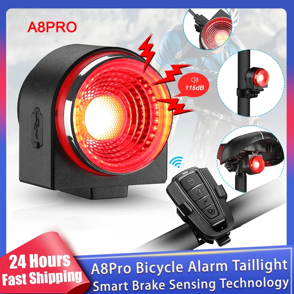 A8Pro Bicycle Alarm Taillight Smart Brake Sensing Light Wireless Remote Control Rechargeable Bike Rear Lamp