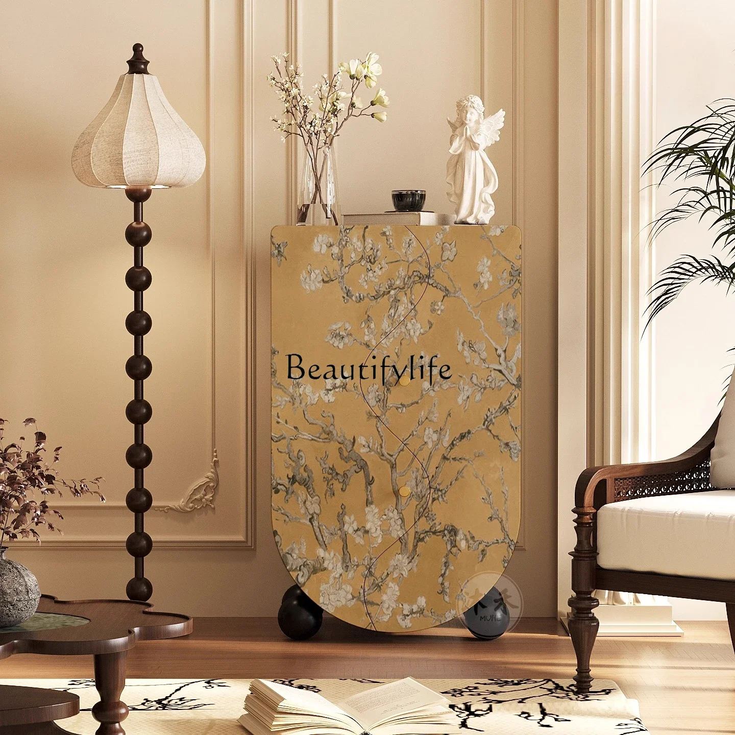 

46Retro style apricot flower bedroom storage household bucket cabinet solid wood living room cabinet