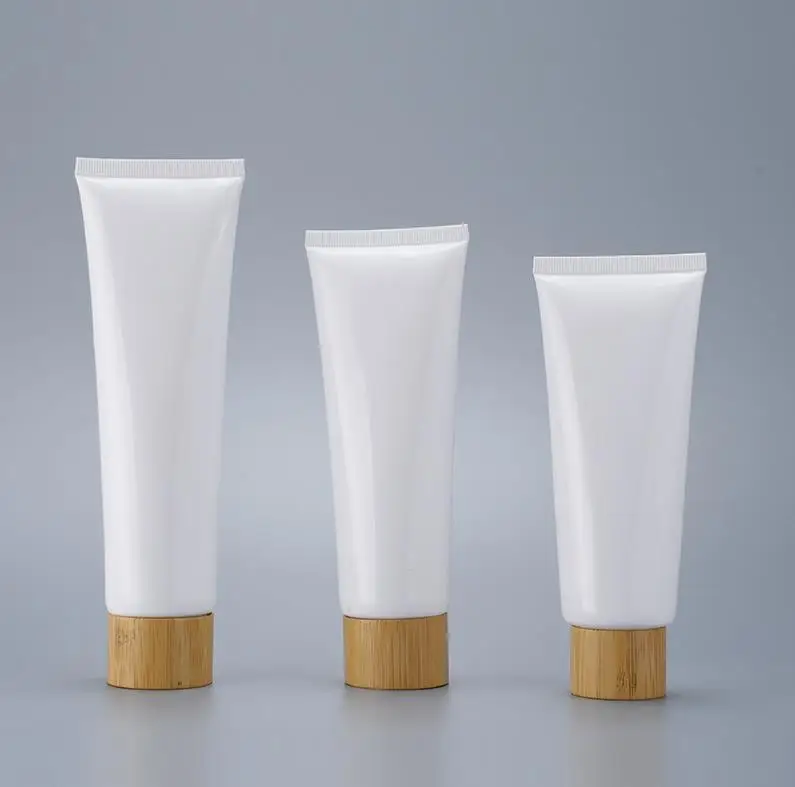 Empty White Plastic Squeeze Tubes Bottle Cosmetic Refillable Travel Facial Cleanser Lotion Tube Container With Bamboo Cap ni679