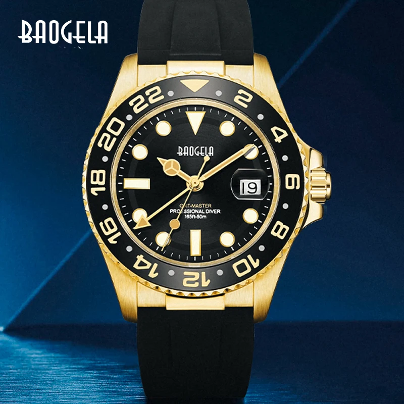 BAOGELA Men 50M Waterproof Gold Quartz Wristwatch Top Brand Fashion Sport Stainless Steel Calendar Luminous Clock Rubber Band