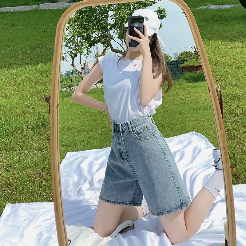Damskie luźne jeansy Harajuku Street z krótkim dołem, letnia moda, nowe uniwersalne szorty z wysokim stanem do kolan, szerokie jeansy Y2K Retro