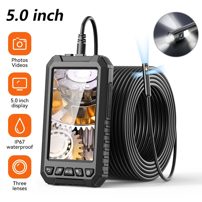 Dual & Triple Lens Industrial Endoscope Camera 8mm 5.0Inch IPS HD1080P Inspection Camera Borescope for Car Sewer IP67 Waterproof