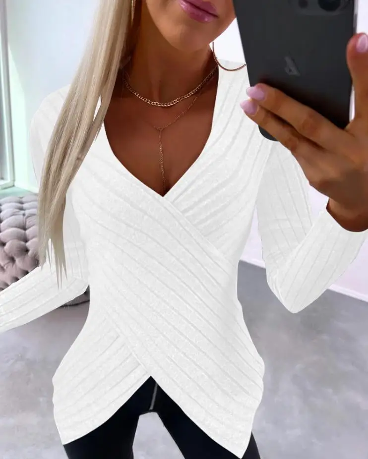 

Casual New 2023 Hot Selling Fashion Women's V-Neck Overlap Asymmetric Long Sleeve Top