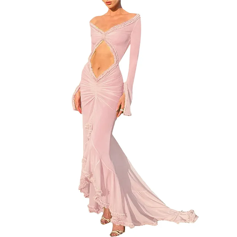 ผู้หญิงเซ็กซี่ลูกไม้ดูผ่านชุดMaxi Y2kดอกไม้Sheerสายคล้องคอBackless Bodyconติดตั้งชุดยาวปาร์ตี้คลับชุด