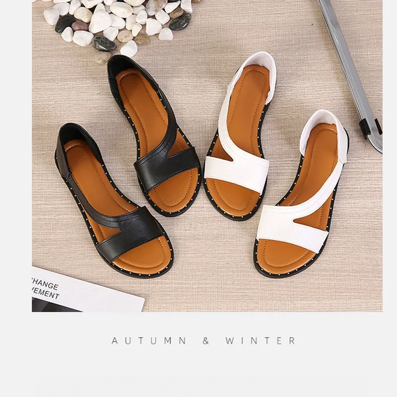 New Summer Shoes Women Sandals Flat Beach Shoes Woman Plus Size  Solid Sandal Comfort Leather Sandals