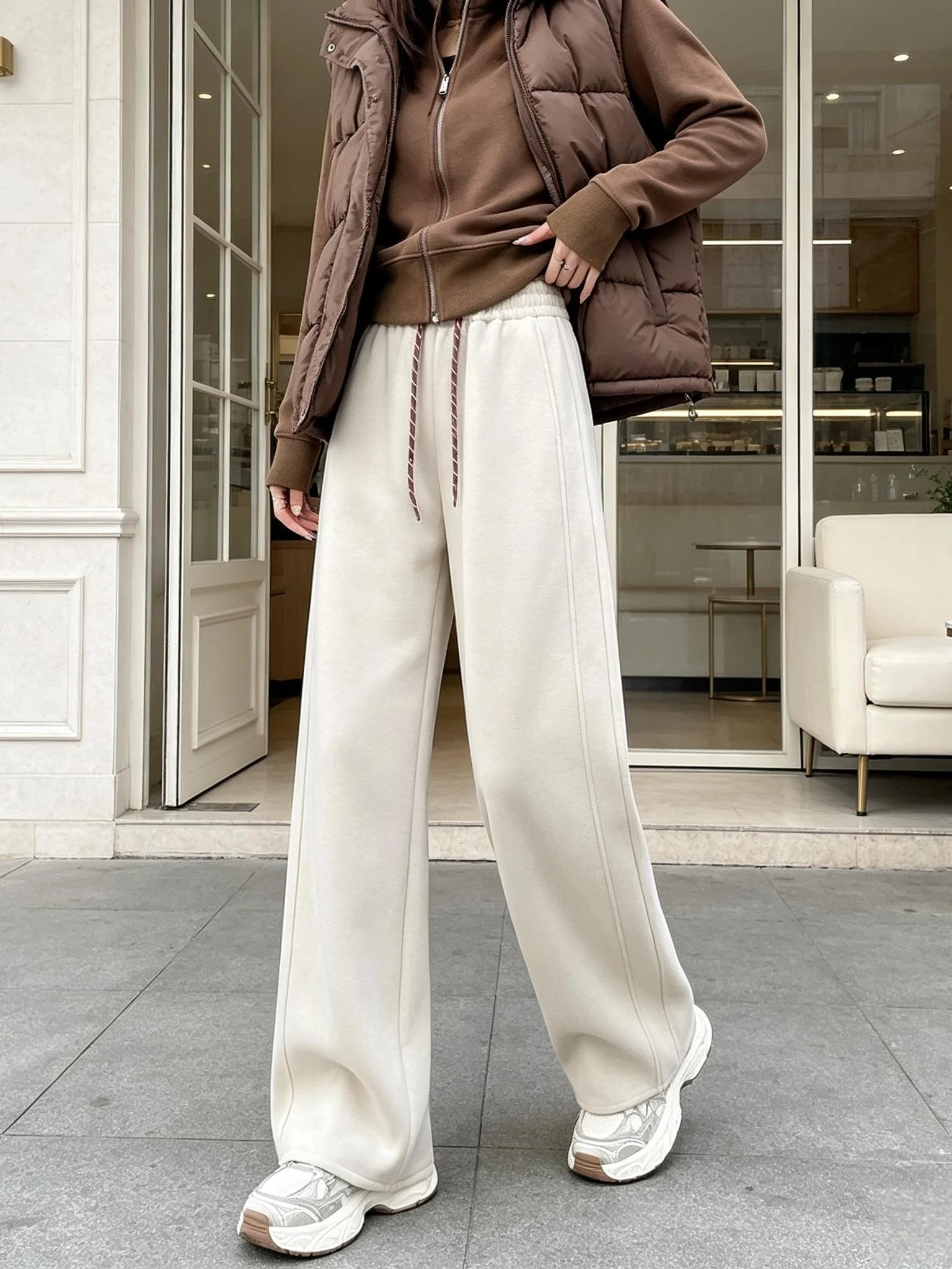 American Style High Waist Wide Leg Pants Women's Casual Sporty Trousers Spring Autumn Khaki Color Loose Fit Fashionable