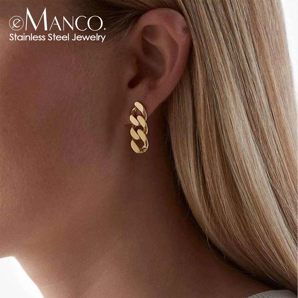 eManco Punk Cuban Link Chain Stud Earrings for Fashion Women Genuine Gold Plated Ring Clasp Dangle Rock Jewelry Gift