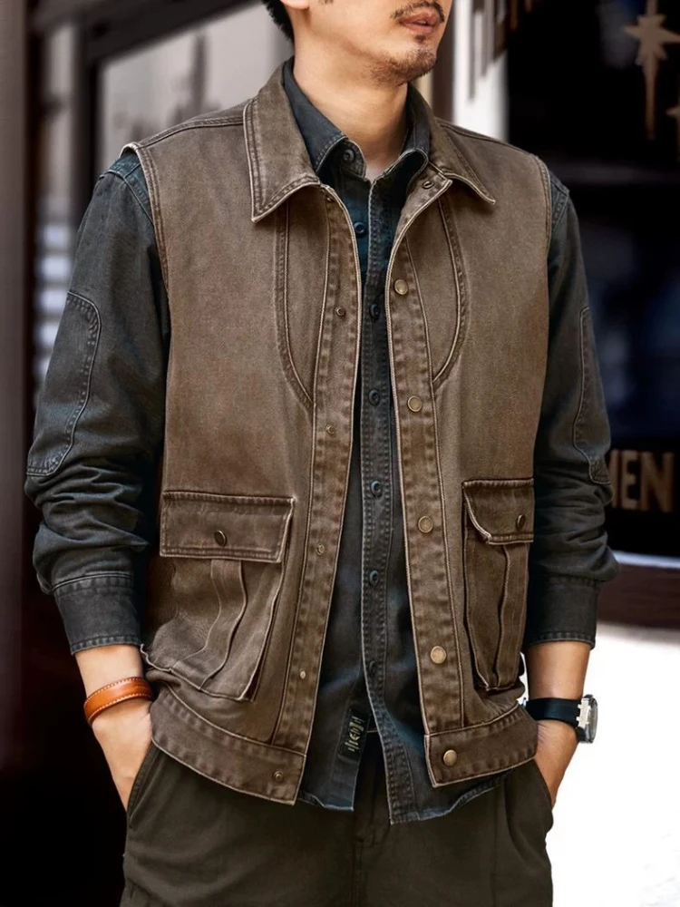 Men Vintage Workwear Vest Distressed Brown Utility Jacket with 4-Pocket Oversized Tactical Coat for Outdoor Streetwear