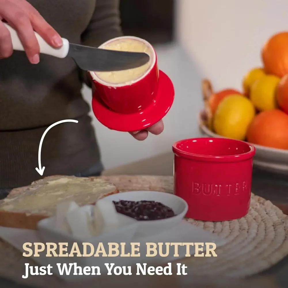PriorityChef Butter Crock مع غطاء مع خط ماء، طبق زبدة فرنسي من السيراميك للترك على العداد، أحمر