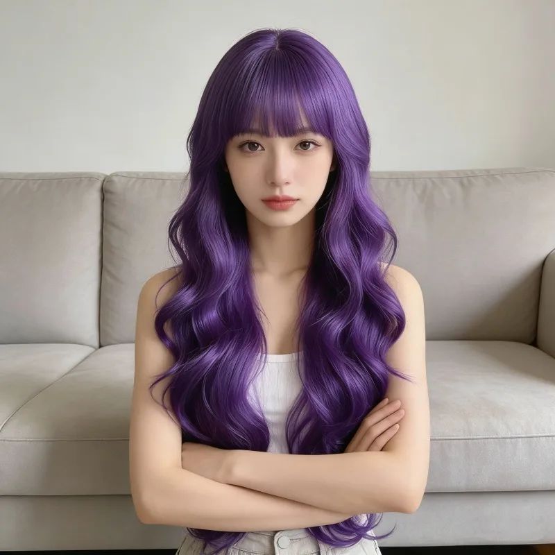 Women's Wig Big Wave Anime Character Dress Up with Bangs Full Top Headset Cosplay Machine Wig Purple Long Curly Hair