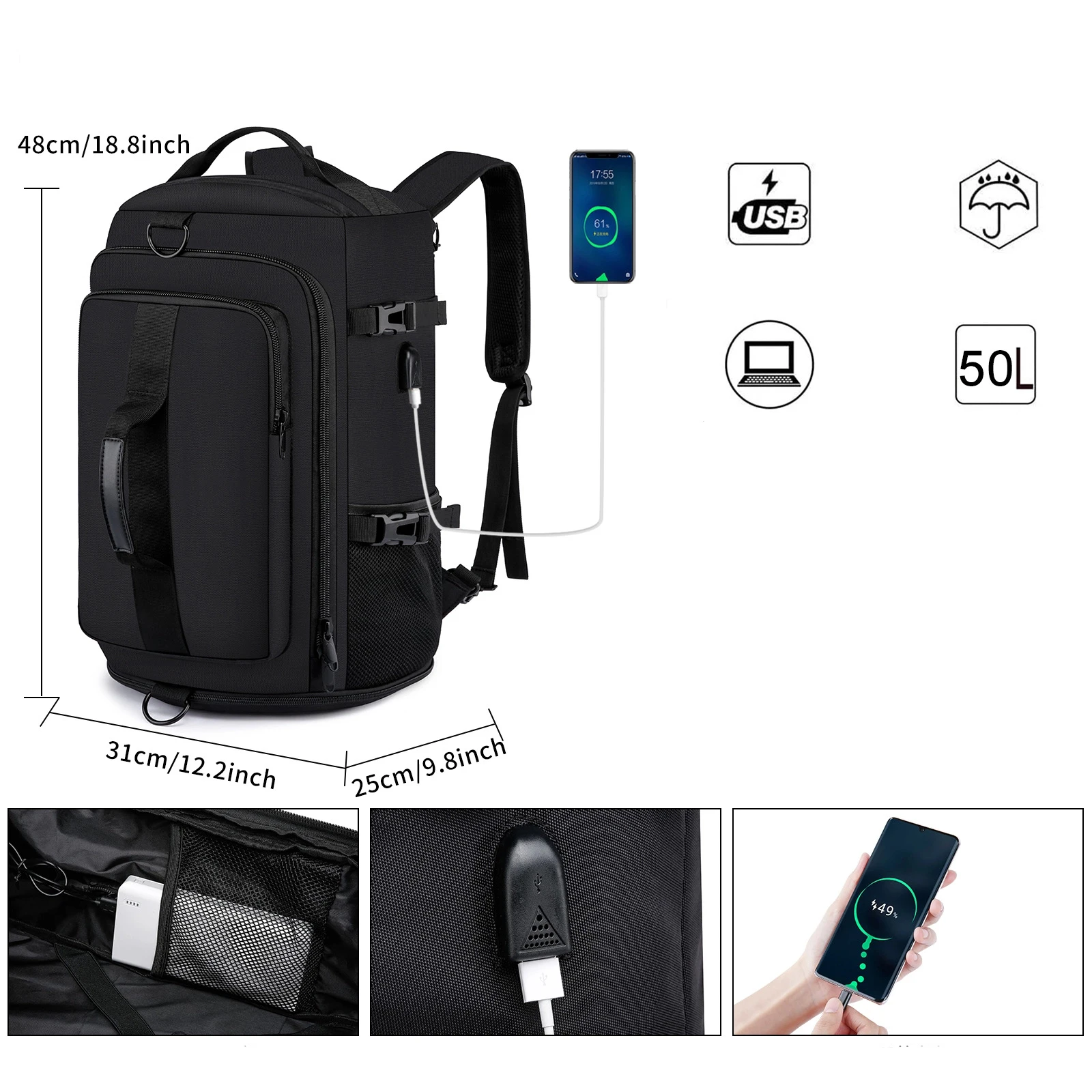 2024 USB Multi functional Leisure Mountaineering Tourism Backpack 50L Large Capacity Cabin Bag, Shoe Bag, Handheld Crossbody Bag