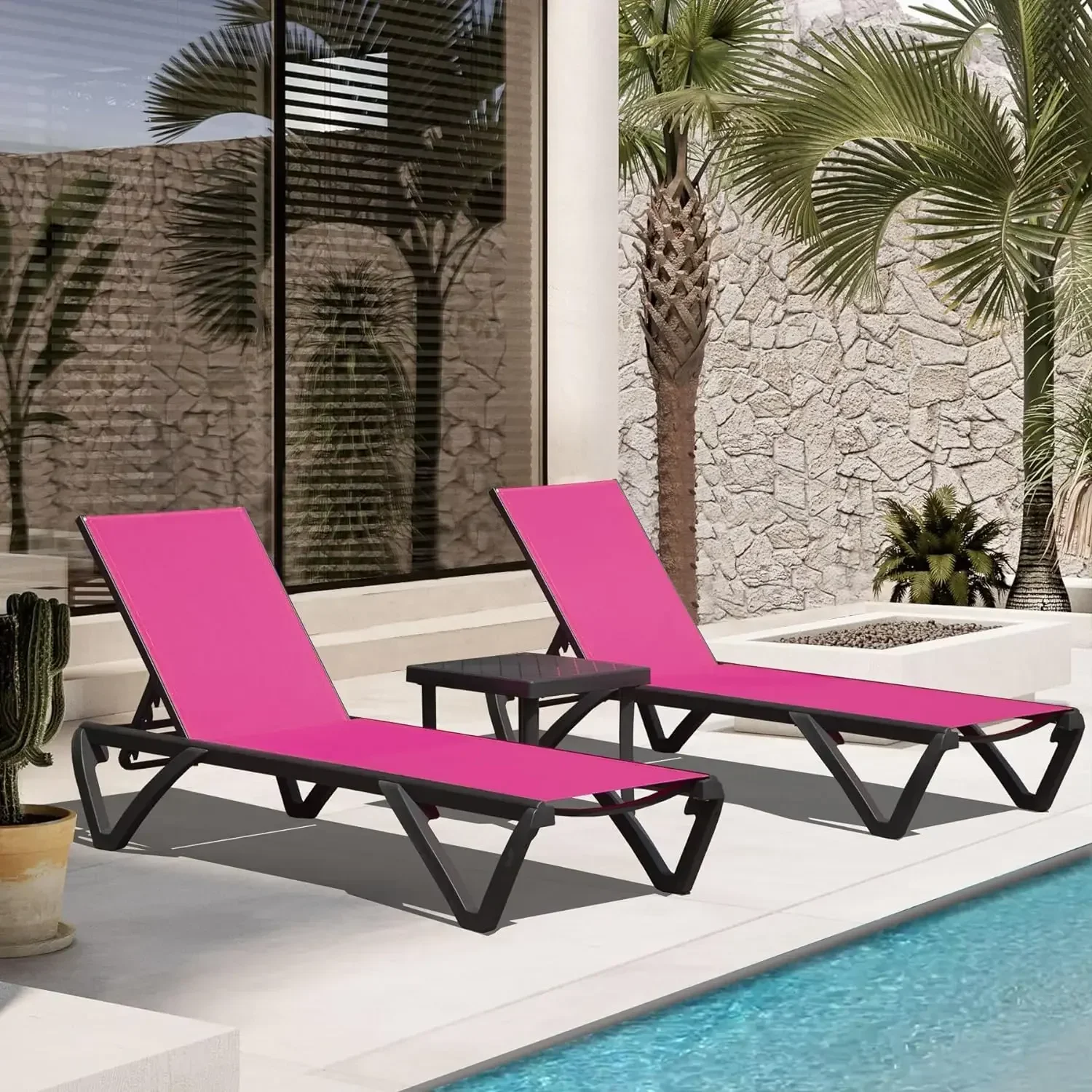 

Sun Lounger Set of 3, Pool Chair Sets with 5-Level Adjustable 2 Sunbathing Chairs and Table, Poolside, Sun Loungers