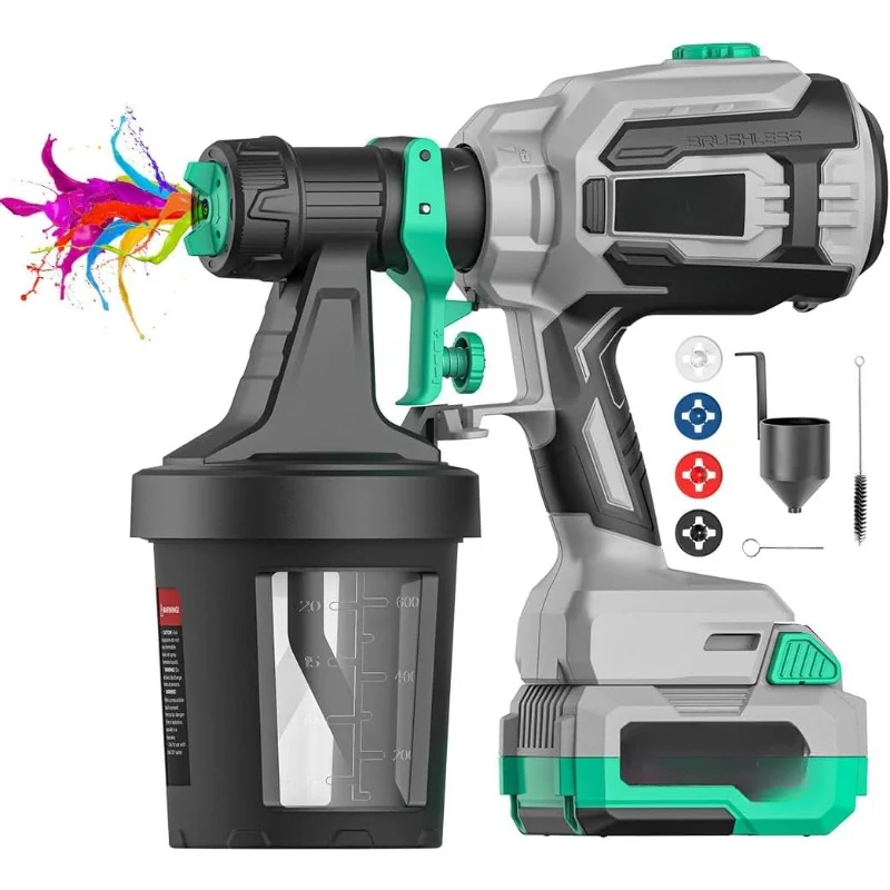 

Sprayer with Brushless Motor, 20V Cordless Paint Gun with 4.0 Ah Battery & Charger & 4 Nozzles & 800ml Container for Home