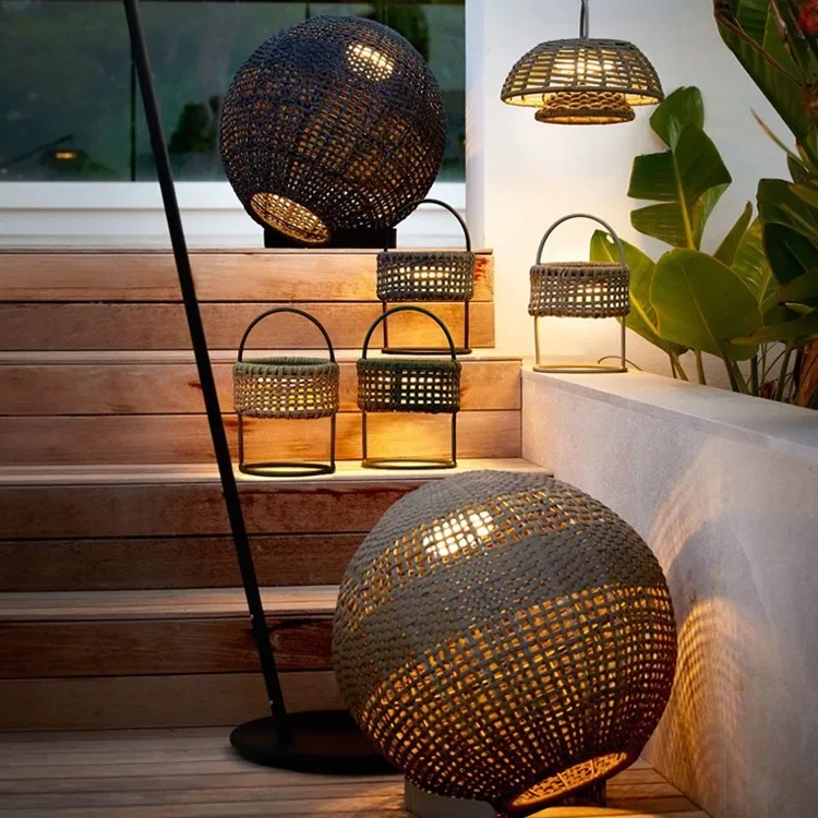 YYHC-Modern Outdoor Solar Floor Lamp Globe Rattan Lantern Waterproof Cable  Decorative Farmhouse Style Patio Garden Home