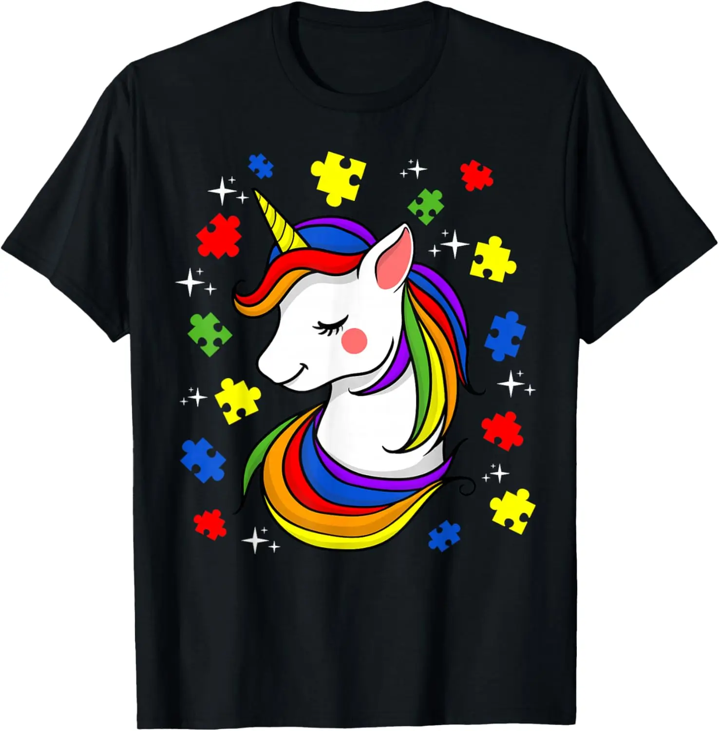 Unicorn Puzzle Piece Autism Awareness Graphic Tee Soft Cotton Short Sleeve T-Shirt Women Men