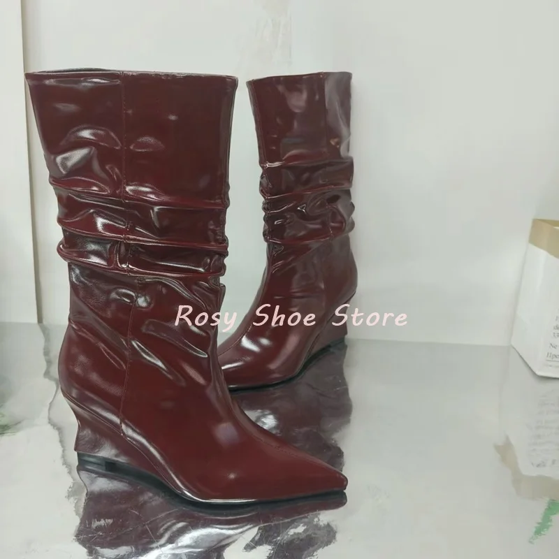 بورجوندي الجلود مترهل الأحذية مثير أشار تو الانزلاق على إسفين كعب حذاء من الجلد الشتاء أنيق الشارع نمط سيدة ناضجة الأحذية