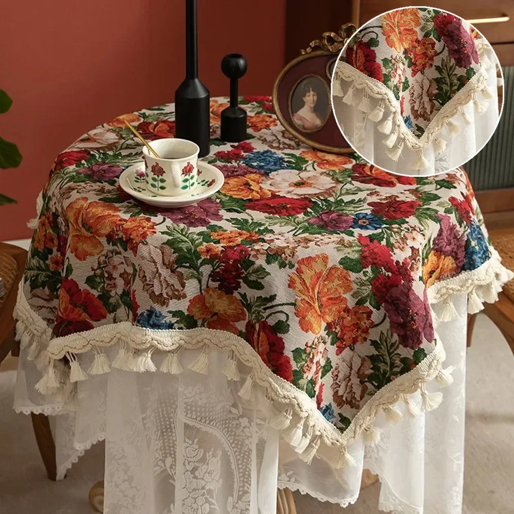 Floral Linen Cotton Tablecloth With Tassel retro nappe de table Table Cover round Dining Table Cover Tea Cloth Desktop decoratio