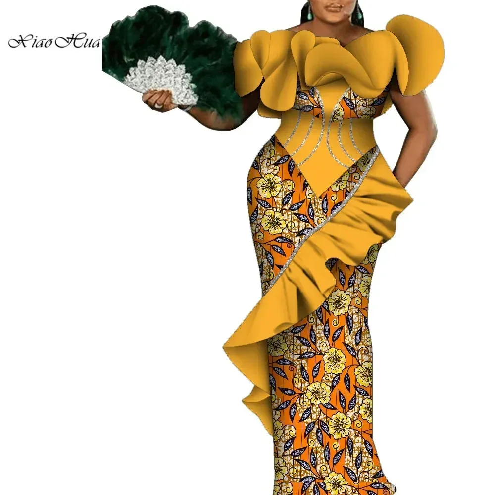 African Ankara Style Dresses for Women Sleeveless Flower Neck Dresses Party Wedding Long Dashiki Women Dress Custom Made Wy9785