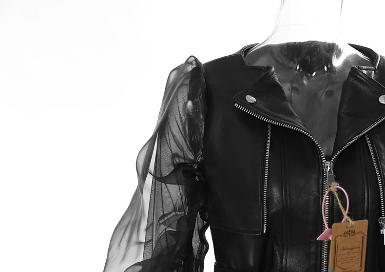 Vintage High Street PU Leather Patchwork Mesh Women Motorcycle Jackets Y2K Harajuku See-through Puff Sleeve Coat chaquetas